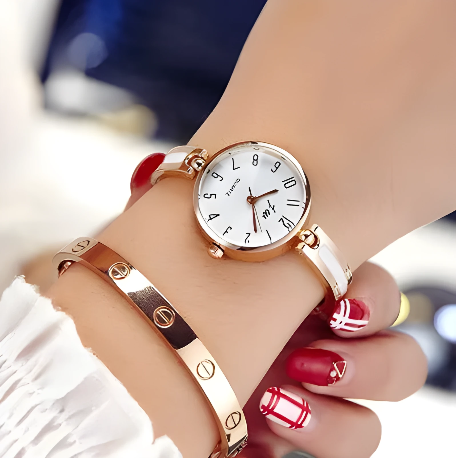 Steel belt fashion watch with gold or silver finish, 2.5cm dial, mineral glass, and steel strap on a white background