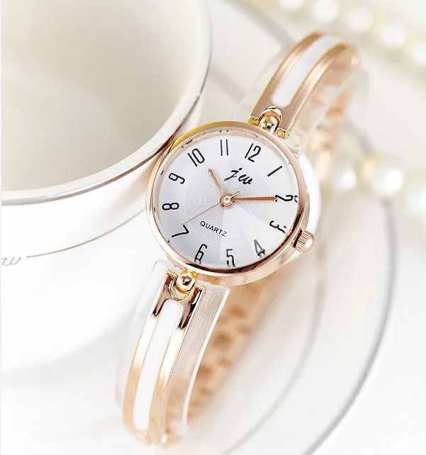 Steel belt fashion watch with gold or silver finish, 2.5cm dial, mineral glass, and steel strap on a white background