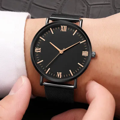 Men's casual quartz watch with round alloy case, mineral glass, pointer and number display, 40mm dial, available in all black