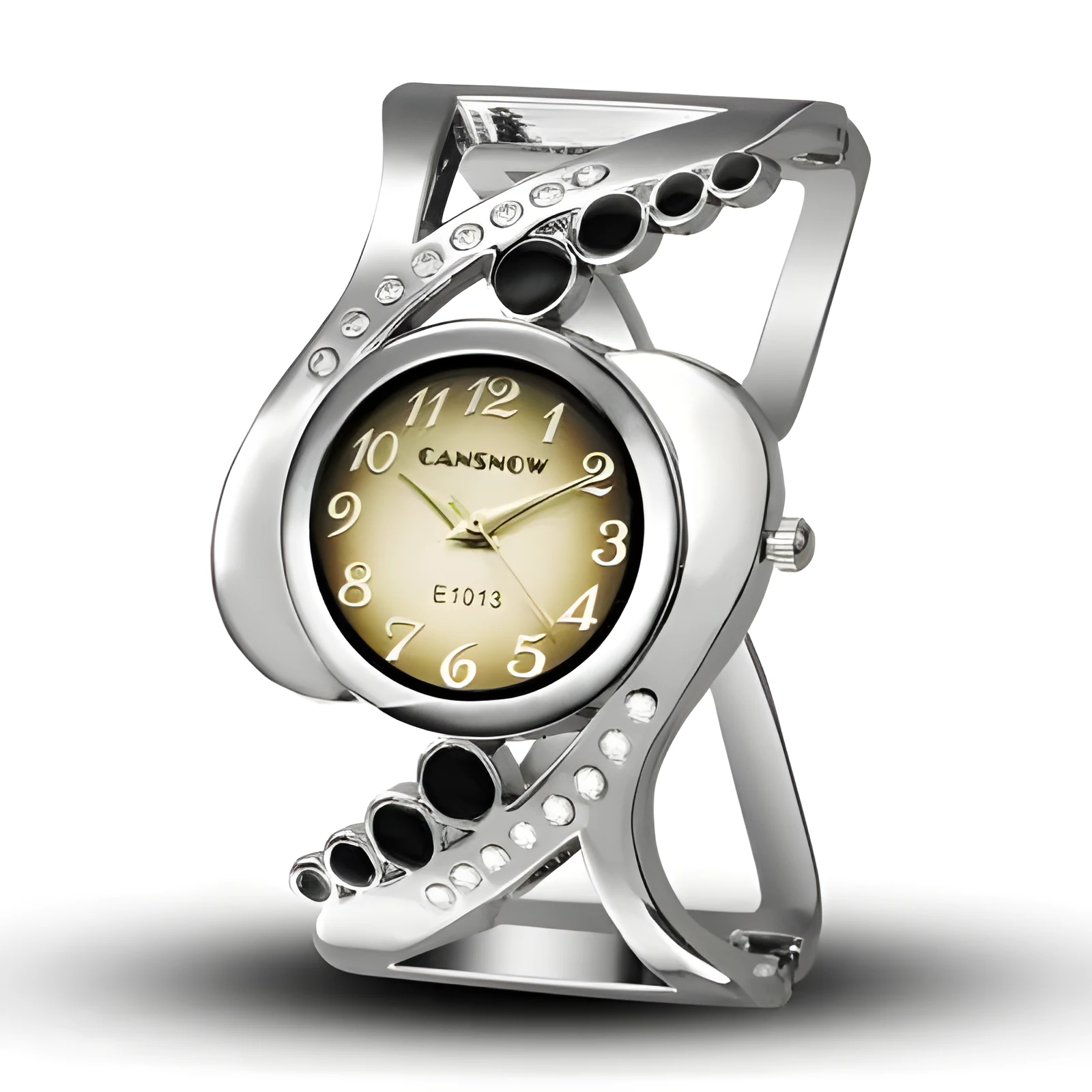 Ladies bracelet watch with white dial, stainless steel case, and alloy band on a neutral background