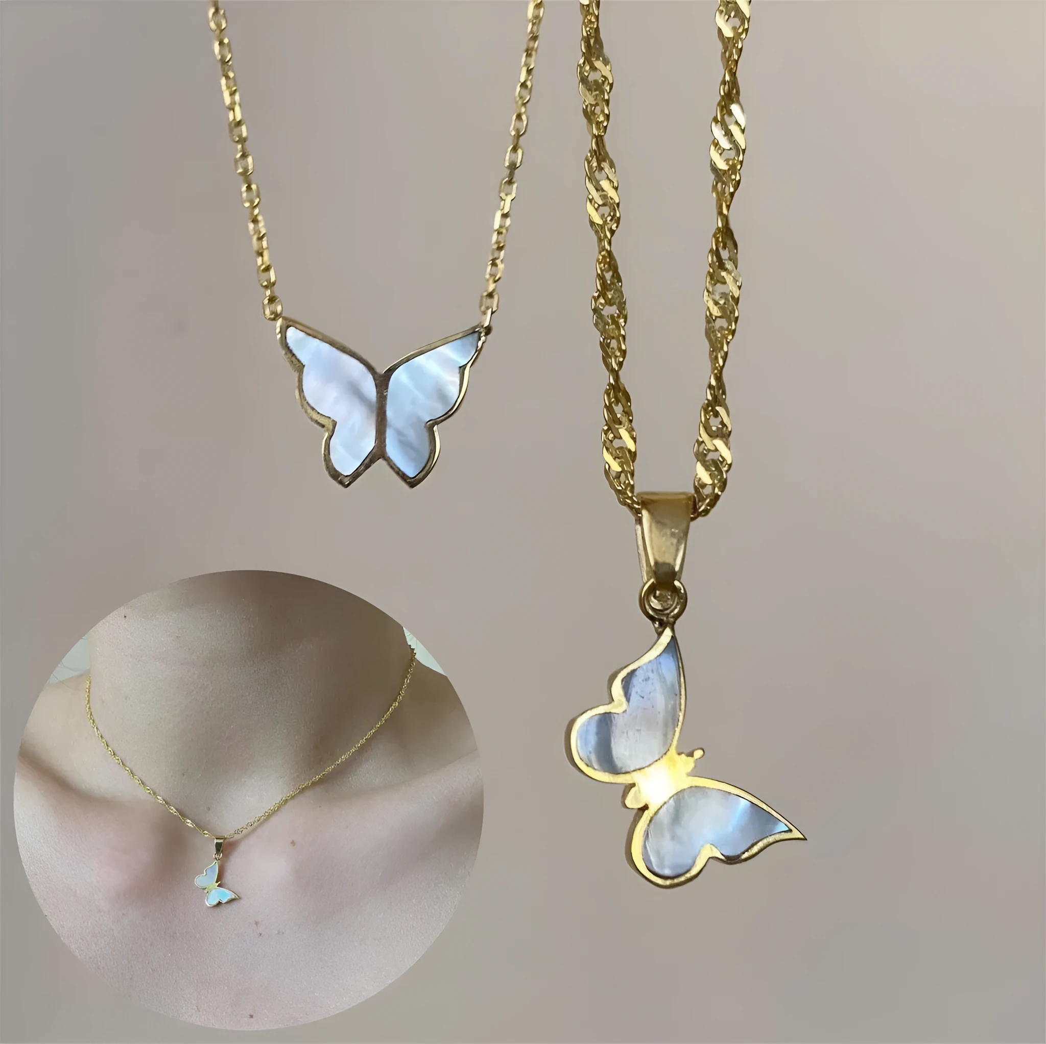 Electroplated 18K gold butterfly clavicle chain necklace for women with titanium steel chain and abalone shell pendant