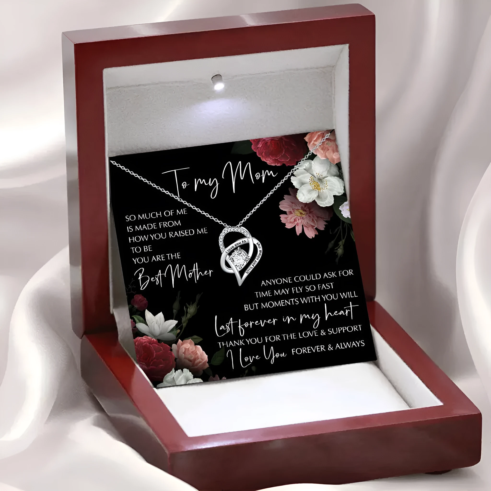 Rosewood lamp box gift set with hollow heart-shaped zircon pendant necklace on copper white gold plated chain