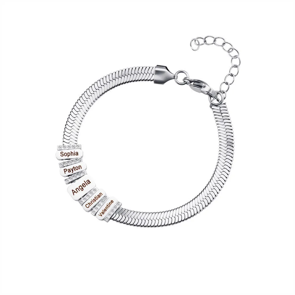 Custom names beaded stainless steel bracelet in steel colour with engraved beads
