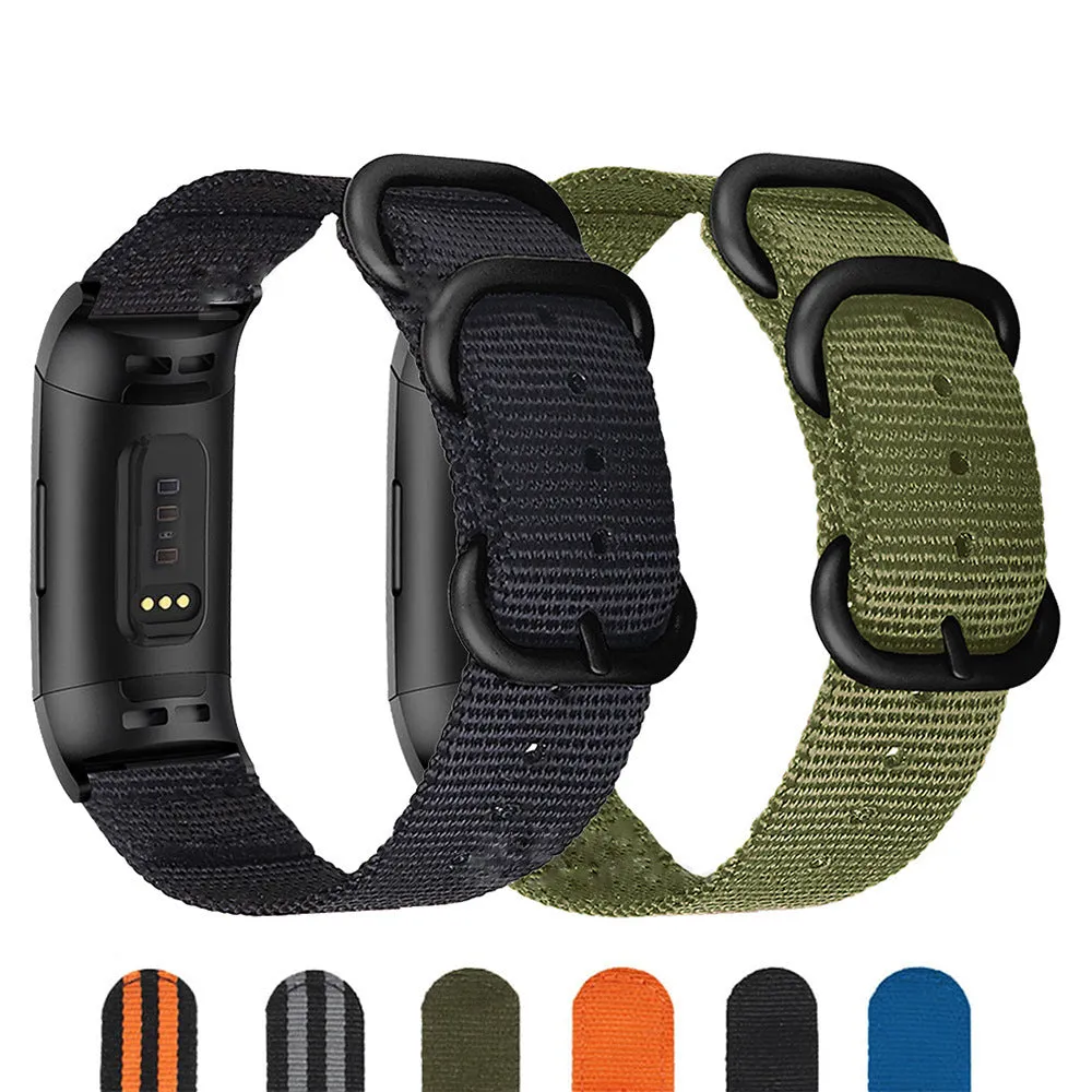 Army Green nylon replacement strap with a three-ring metal buckle for a Fitbit Charge 3 or Charge 4 fitness tracker.