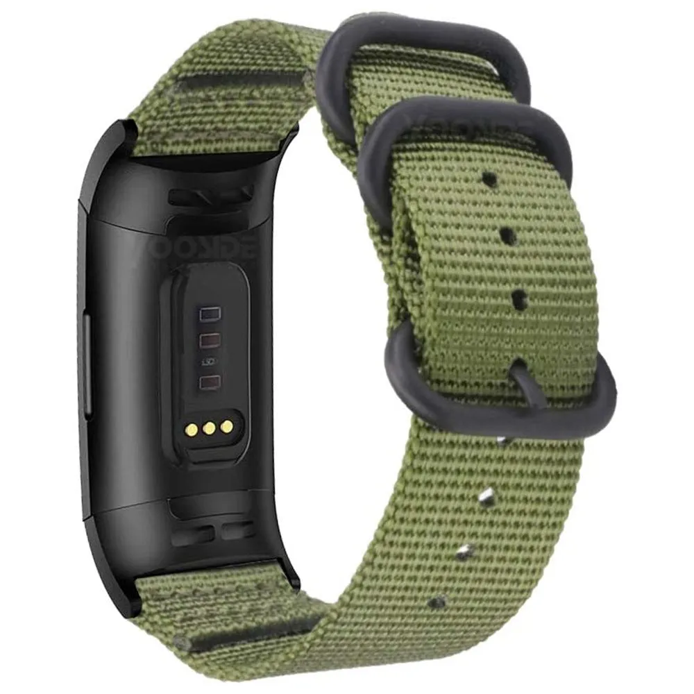 Army Green nylon replacement strap with a three-ring metal buckle for a Fitbit Charge 3 or Charge 4 fitness tracker.