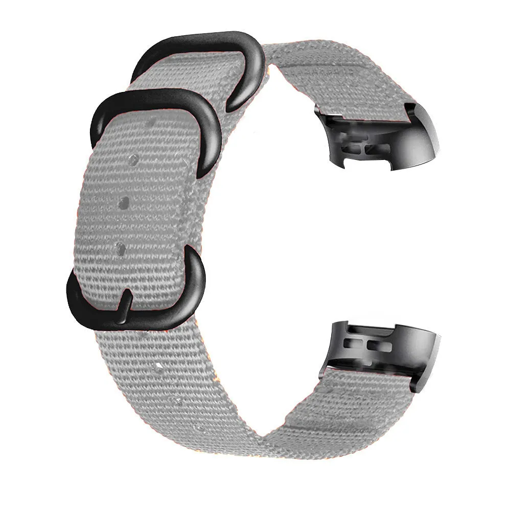 Army Green nylon replacement strap with a three-ring metal buckle for a Fitbit Charge 3 or Charge 4 fitness tracker.