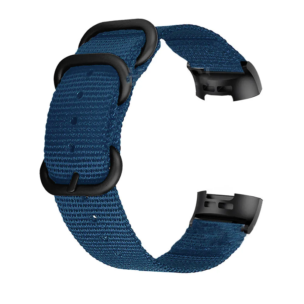 Army Green nylon replacement strap with a three-ring metal buckle for a Fitbit Charge 3 or Charge 4 fitness tracker.