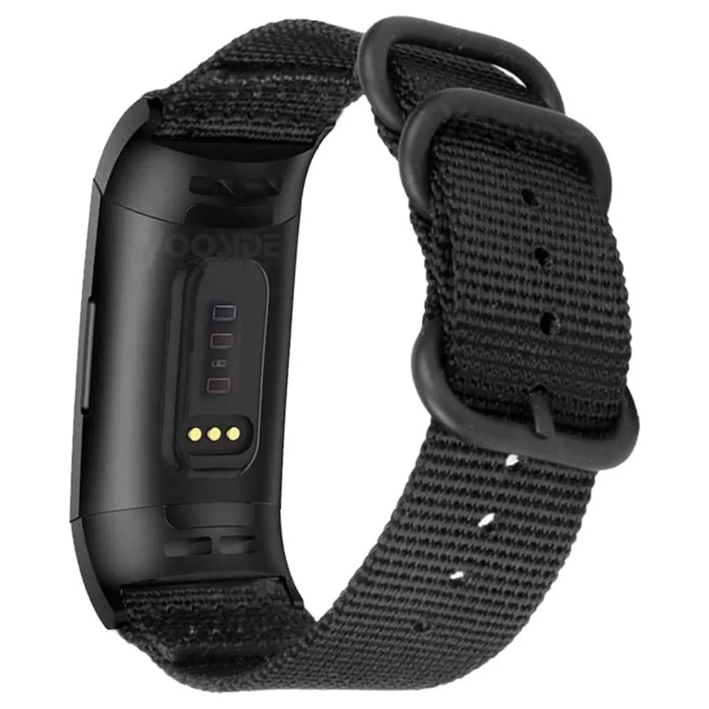 Army Green nylon replacement strap with a three-ring metal buckle for a Fitbit Charge 3 or Charge 4 fitness tracker.
