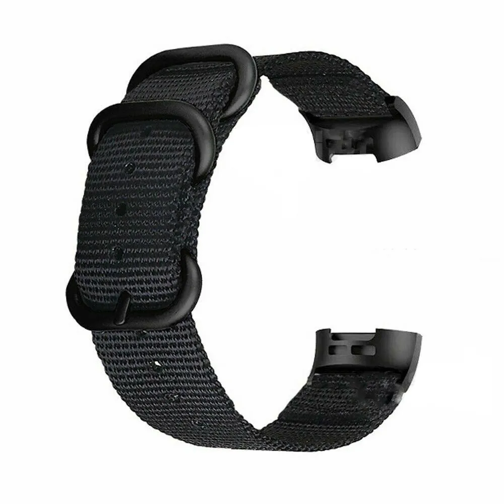Army Green nylon replacement strap with a three-ring metal buckle for a Fitbit Charge 3 or Charge 4 fitness tracker.