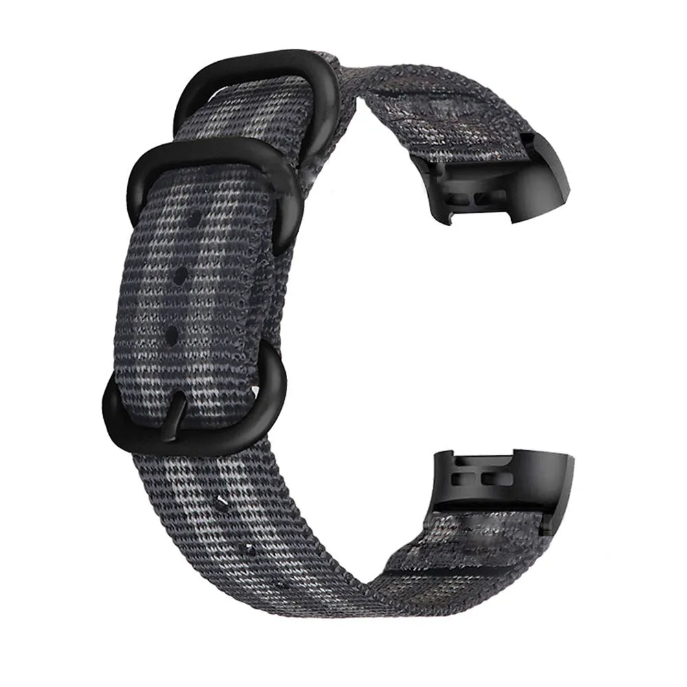 Army Green nylon replacement strap with a three-ring metal buckle for a Fitbit Charge 3 or Charge 4 fitness tracker.