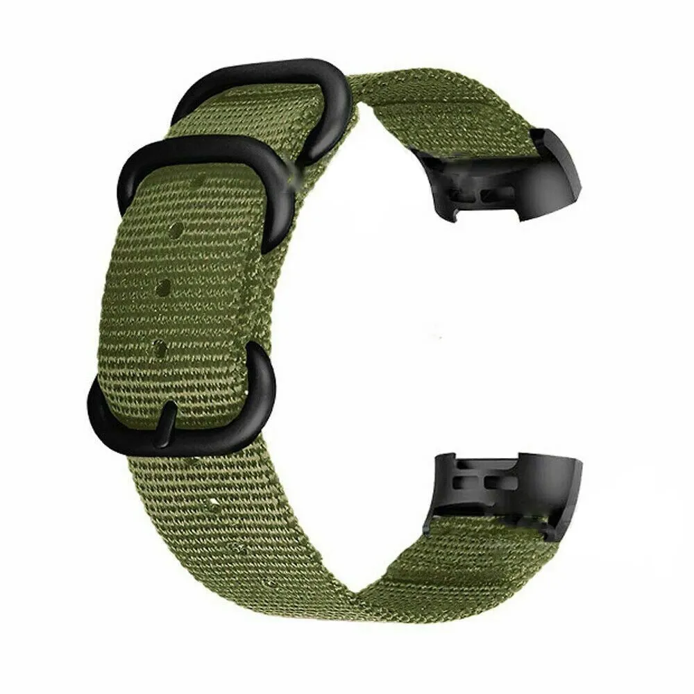 Army Green nylon replacement strap with a three-ring metal buckle for a Fitbit Charge 3 or Charge 4 fitness tracker.