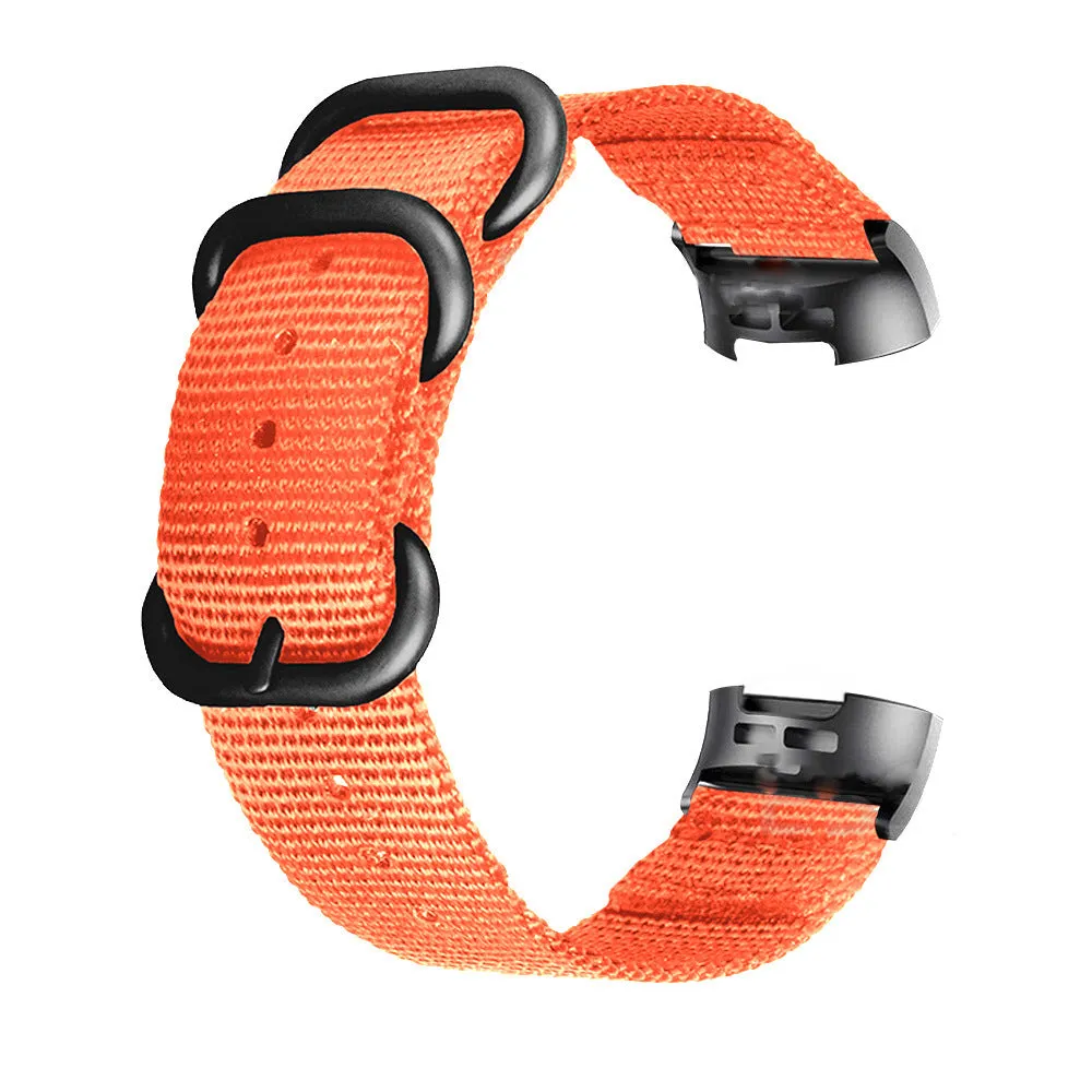 Army Green nylon replacement strap with a three-ring metal buckle for a Fitbit Charge 3 or Charge 4 fitness tracker.