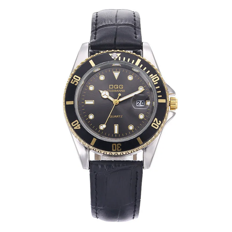 Men's quartz watch with calendar display, 40mm round dial, stainless steel strap, gold and black colour options