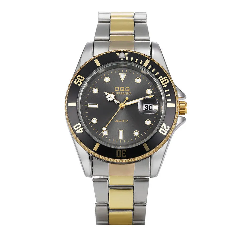 Men's quartz watch with calendar display, 40mm round dial, stainless steel strap, gold and black colour options