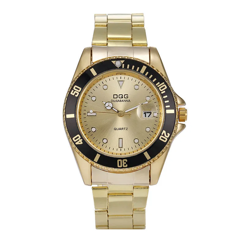Men's quartz watch with calendar display, 40mm round dial, stainless steel strap, gold and black colour options