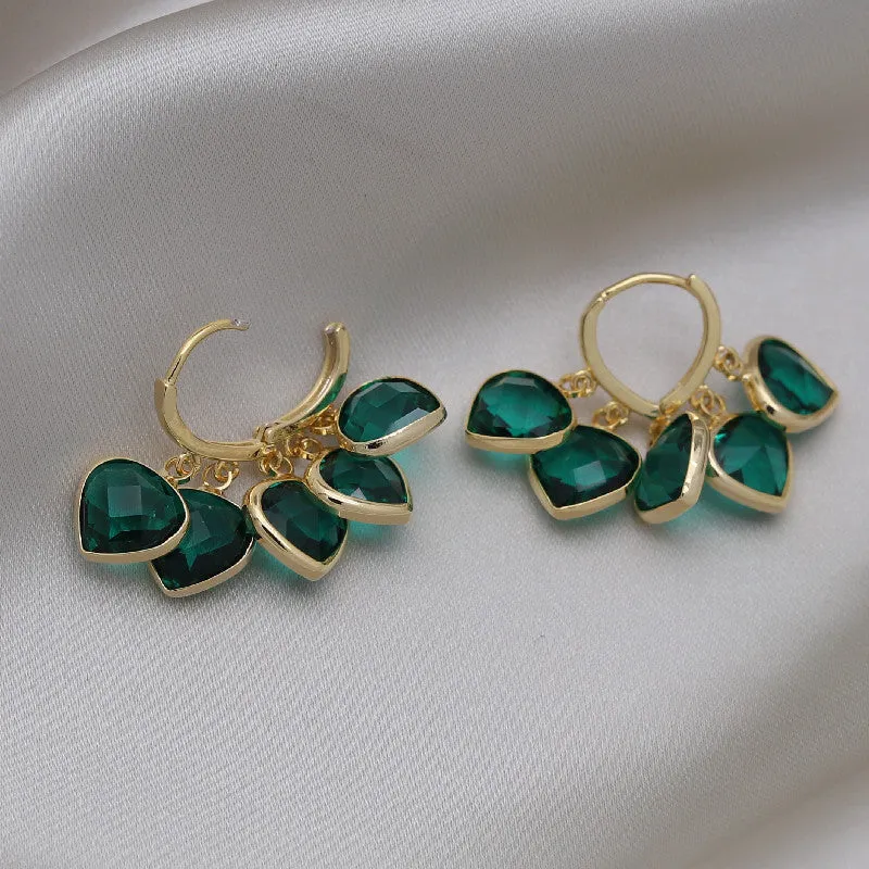 Green glass heart pendant earrings with Korean style design and ear clip fitting