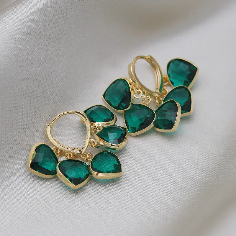 Green glass heart pendant earrings with Korean style design and ear clip fitting