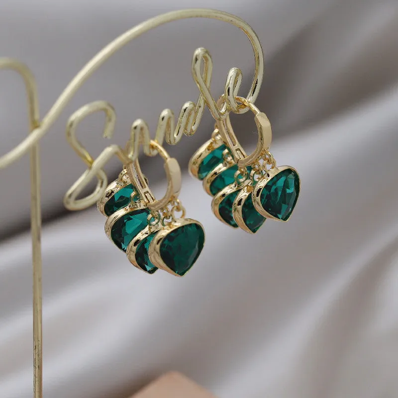 Green glass heart pendant earrings with Korean style design and ear clip fitting