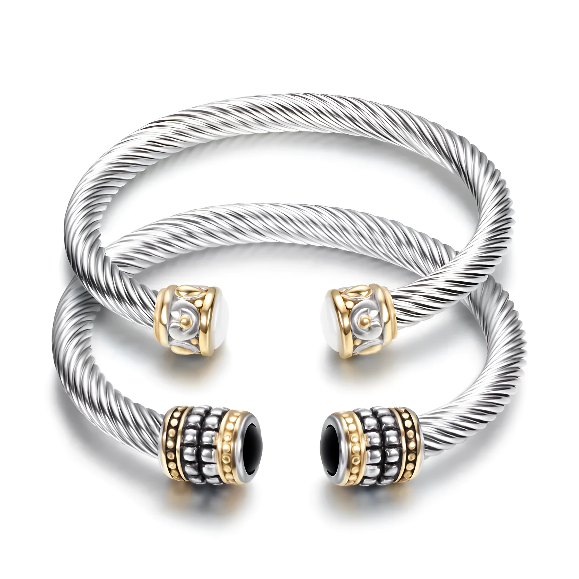 Two-tone vintage gold stainless steel bangle bracelet in black and golden finish