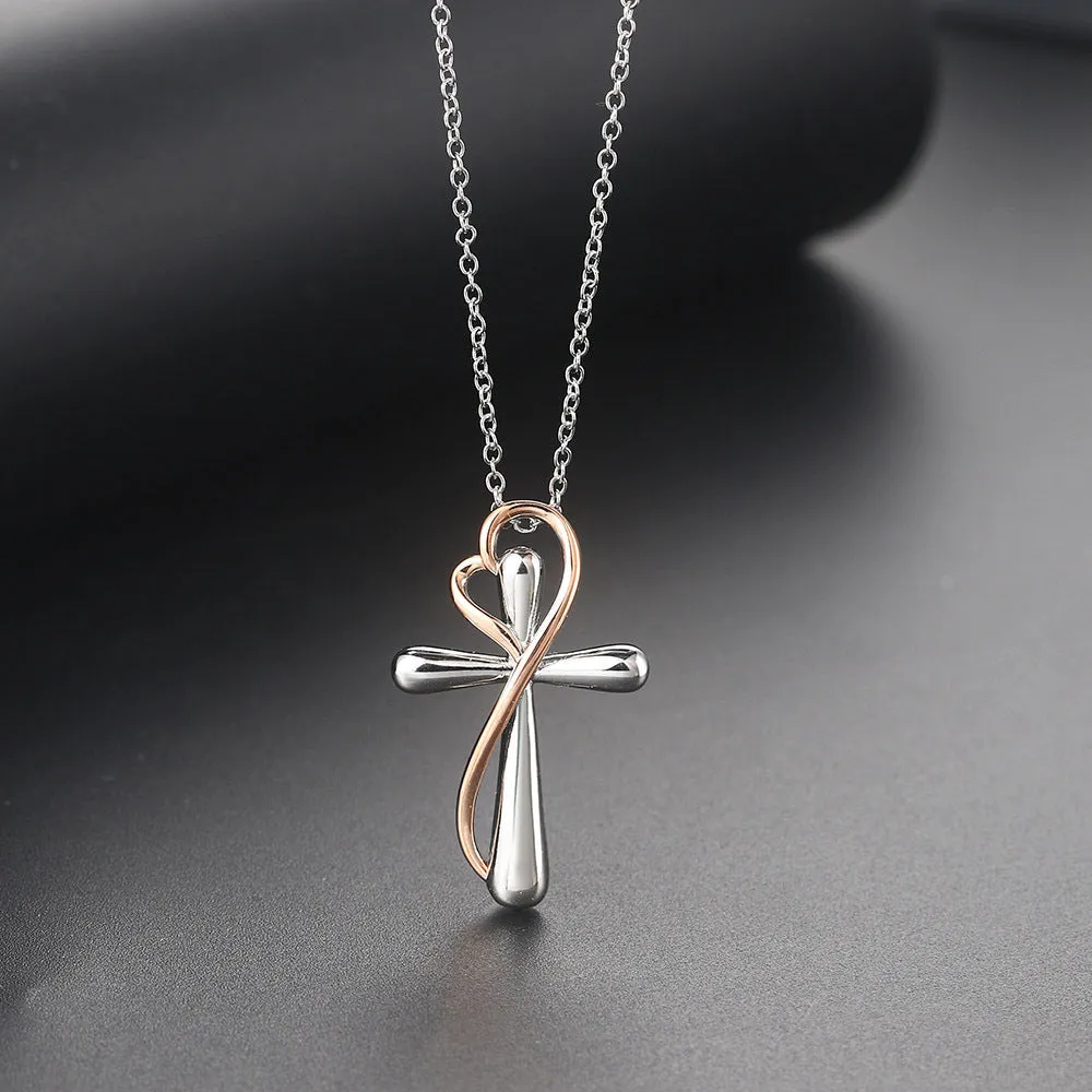 Heart-shaped cross necklace with color separation electroplating white gold colour copper pendant on adjustable chain