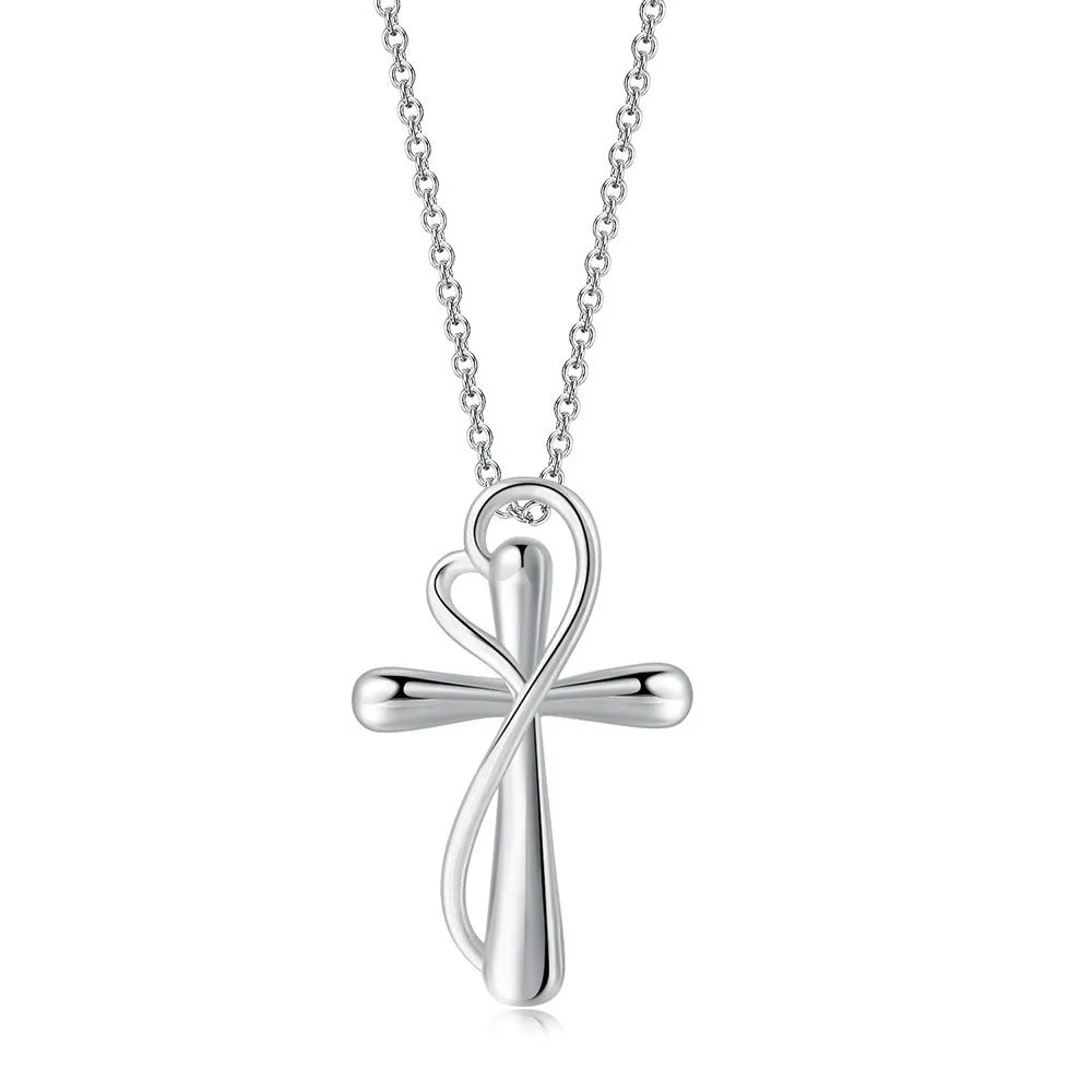 Heart-shaped cross necklace with color separation electroplating white gold colour copper pendant on adjustable chain