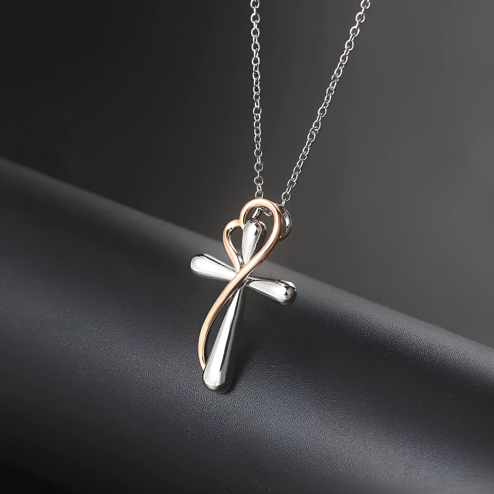 Heart-shaped cross necklace with color separation electroplating white gold colour copper pendant on adjustable chain