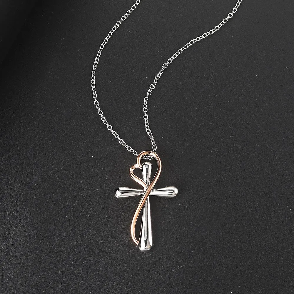 Heart-shaped cross necklace with color separation electroplating white gold colour copper pendant on adjustable chain