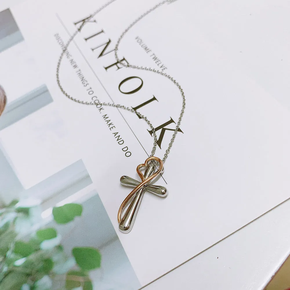 Heart-shaped cross necklace with color separation electroplating white gold colour copper pendant on adjustable chain
