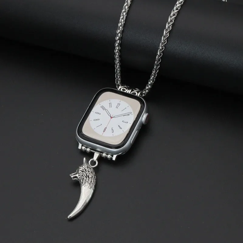 Nylon woven watch strap with feather hanging charm on a black watch face showing feather and Double C colour options