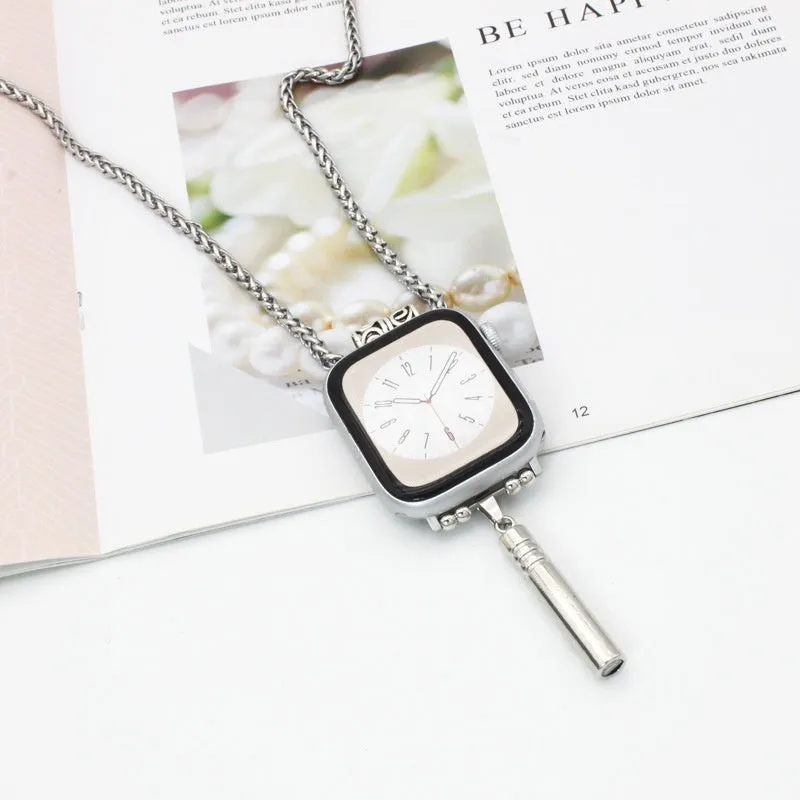 Nylon woven watch strap with feather hanging charm on a black watch face showing feather and Double C colour options