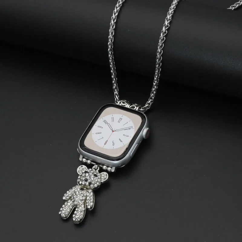 Nylon woven watch strap with feather hanging charm on a black watch face showing feather and Double C colour options