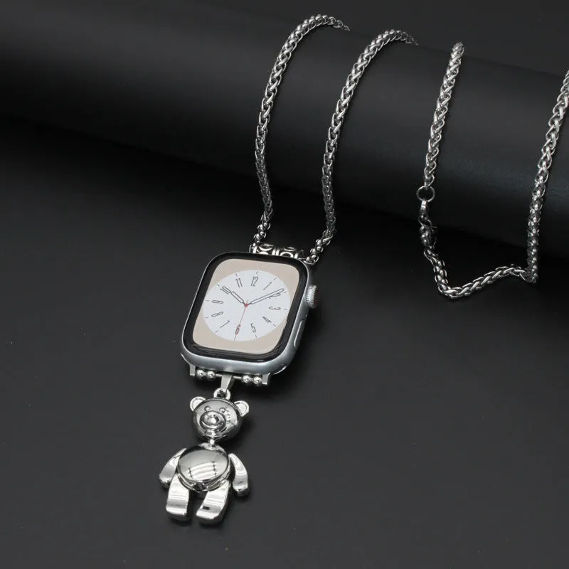 Nylon woven watch strap with feather hanging charm on a black watch face showing feather and Double C colour options