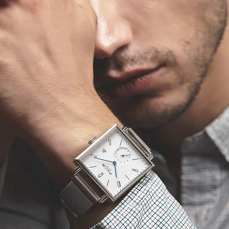 Square automatic mechanical watch with sapphire mirror, brown dial, hollow design showing gears