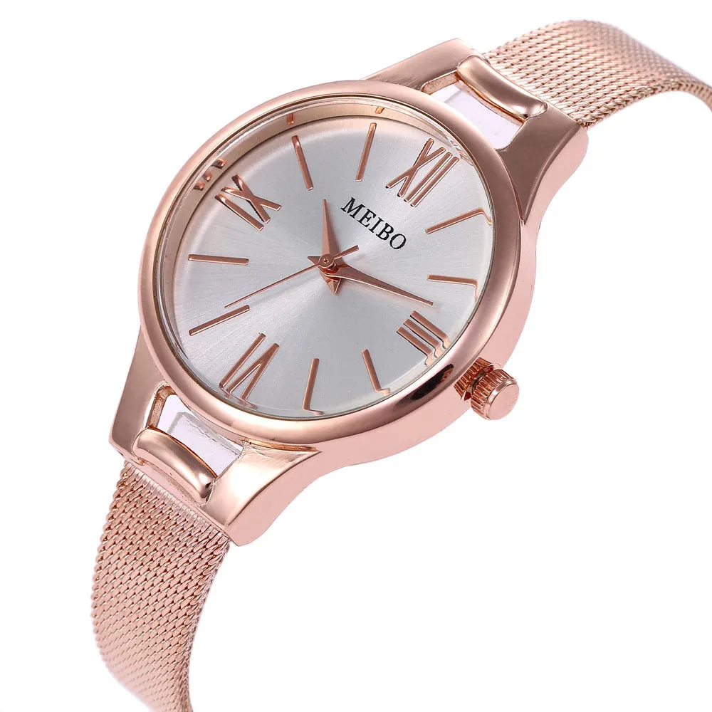 Rose gold round stainless steel mesh band quartz watch for women with pin buckle and analog display