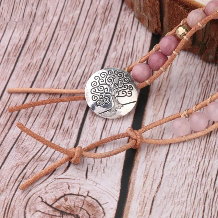 5 strand rose quartz leather wrap bracelet on wrist showing boho style gemstone beads