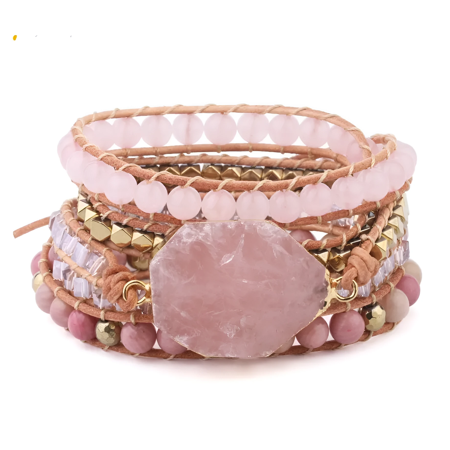 5 strand rose quartz leather wrap bracelet on wrist showing boho style gemstone beads