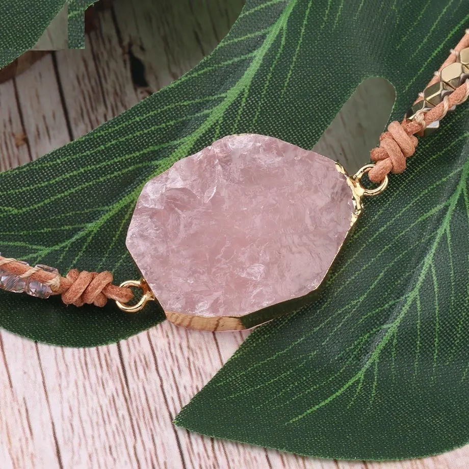 5 strand rose quartz leather wrap bracelet on wrist showing boho style gemstone beads