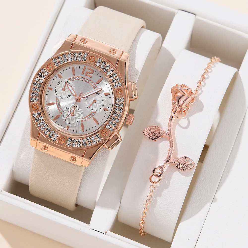Women's fashion PU strap watch with alloy case and matching bracelet in beige colour