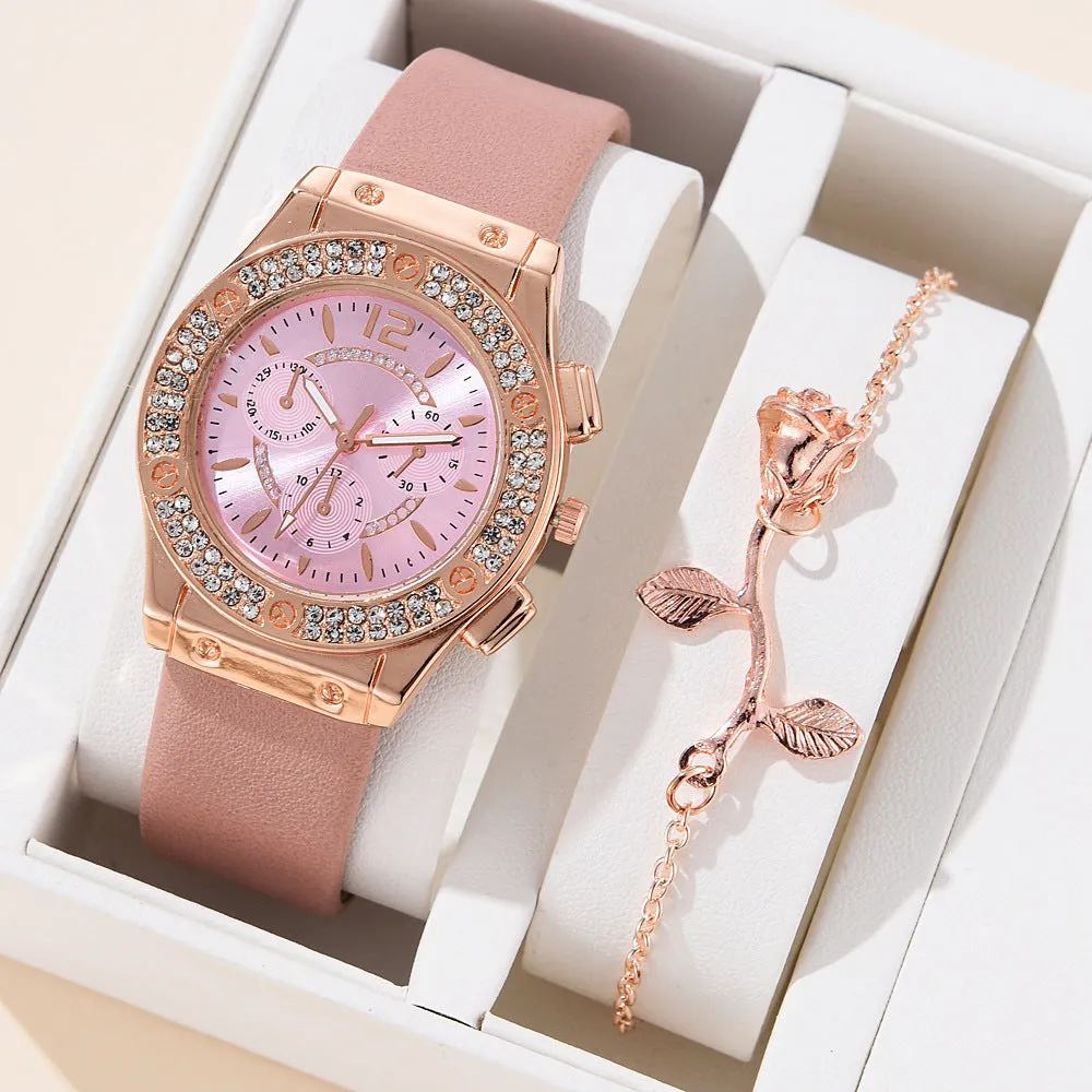 Women's fashion PU strap watch with alloy case and matching bracelet in beige colour