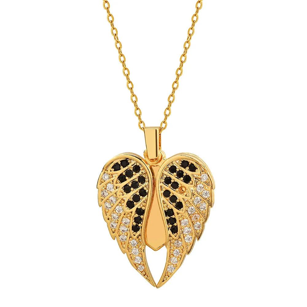 Personalised real gold tone heart locket necklace with zirconia pave and custom engraving on titanium steel chain.