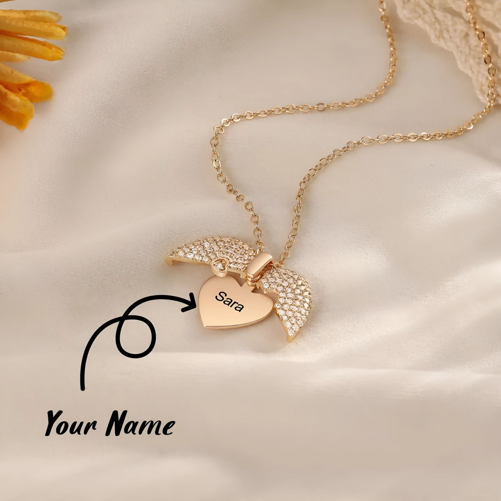 Personalised real gold tone heart locket necklace with zirconia pave and custom engraving on titanium steel chain.