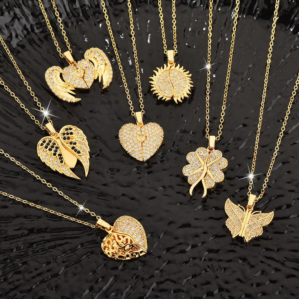 Personalised real gold tone heart locket necklace with zirconia pave and custom engraving on titanium steel chain.