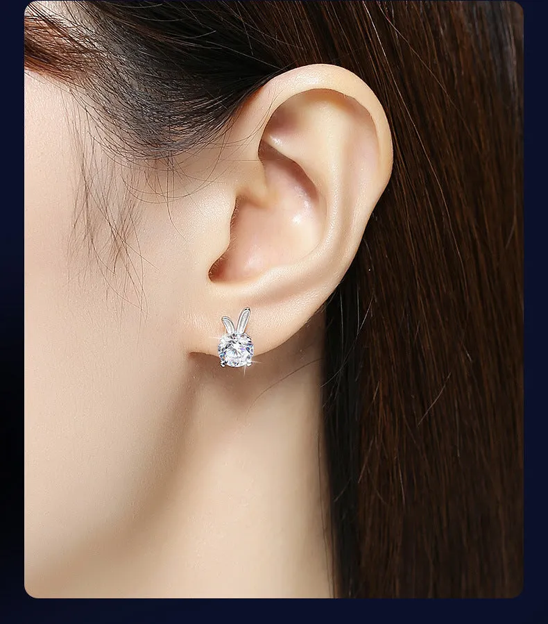 Rabbit moissanite sterling silver ear studs 925 silver 1 karat option