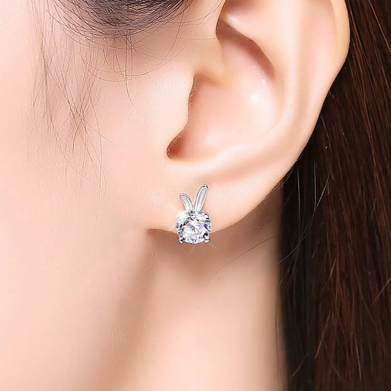 Rabbit moissanite sterling silver ear studs 925 silver 1 karat option