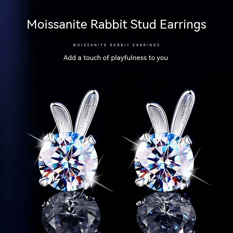 Rabbit moissanite sterling silver ear studs 925 silver 1 karat option