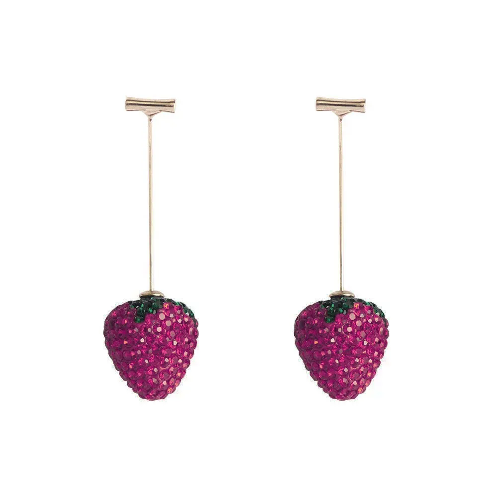 Red strawberry charm stud earrings with spot drill finish on zinc alloy.