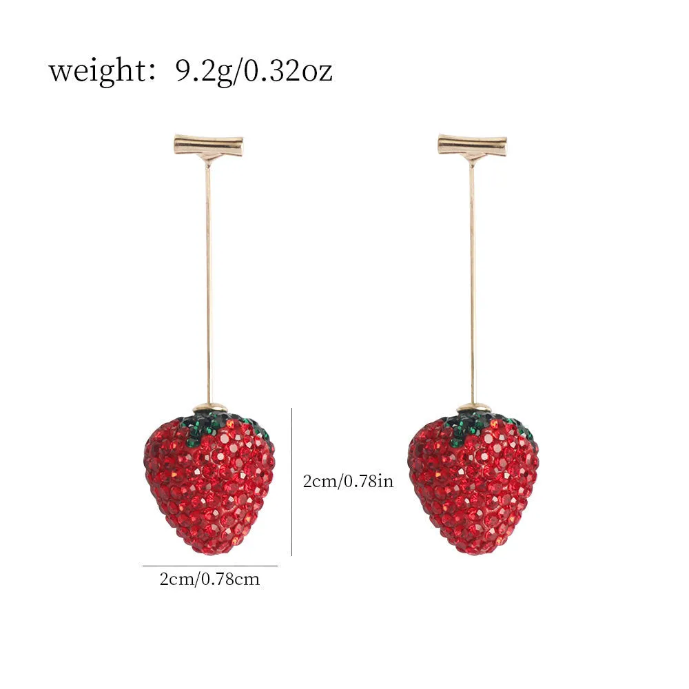 Red strawberry charm stud earrings with spot drill finish on zinc alloy.