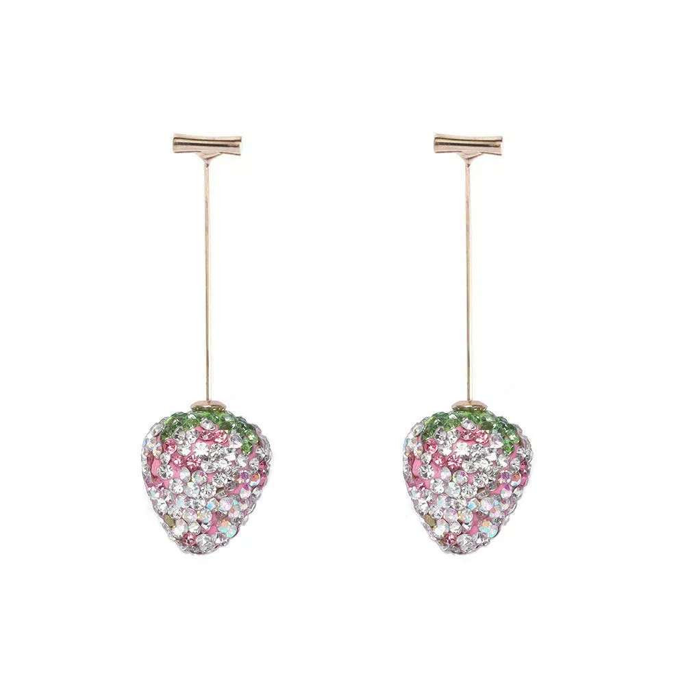 Red strawberry charm stud earrings with spot drill finish on zinc alloy.