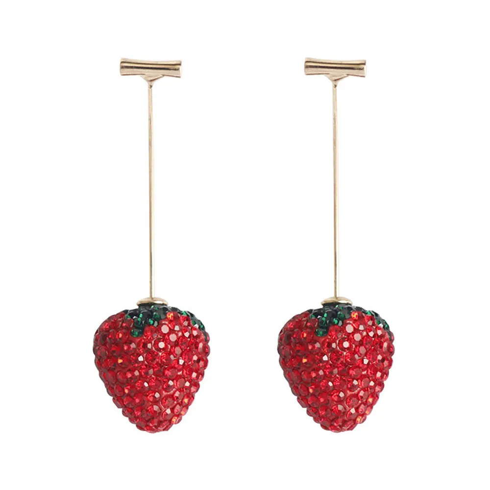 Red strawberry charm stud earrings with spot drill finish on zinc alloy.