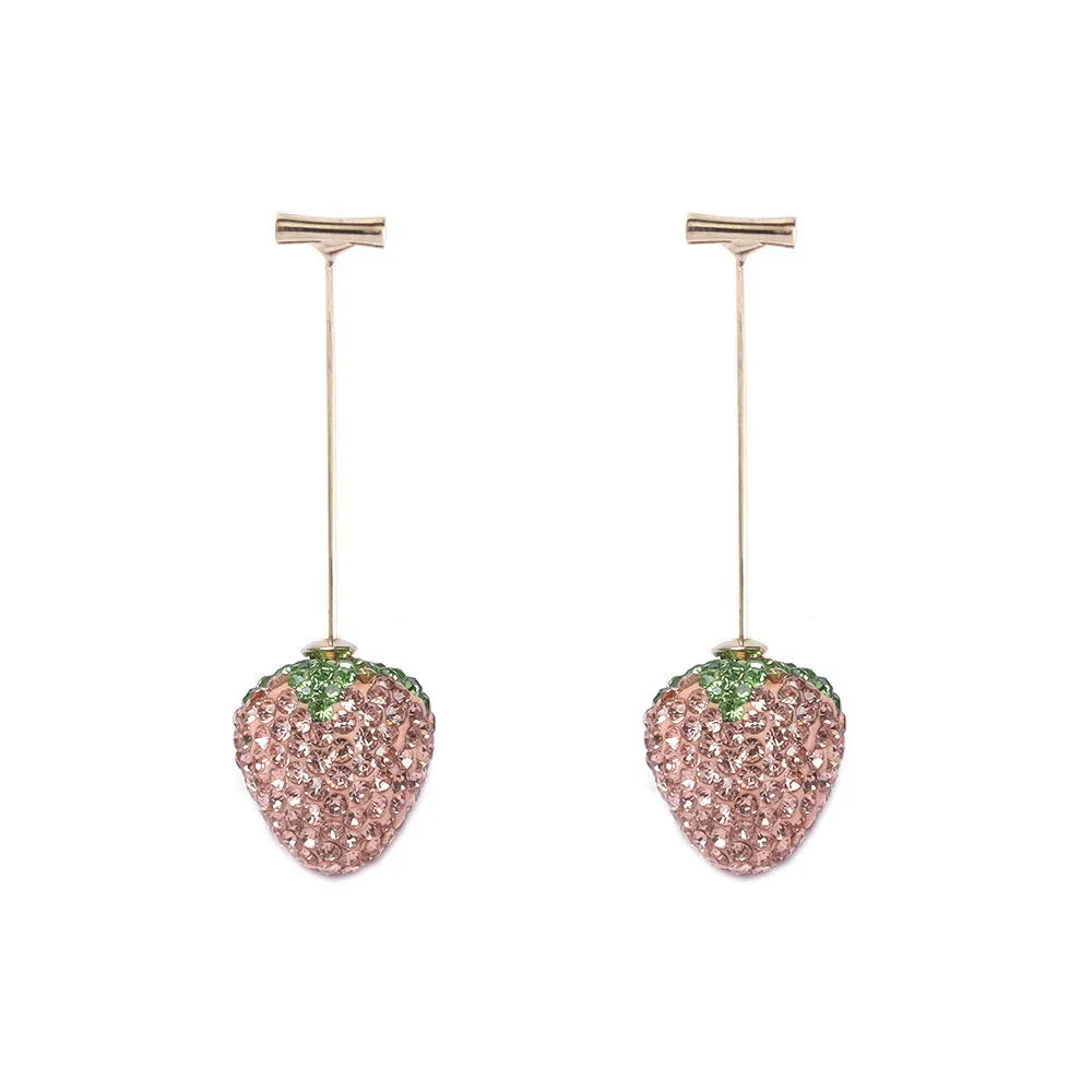 Red strawberry charm stud earrings with spot drill finish on zinc alloy.